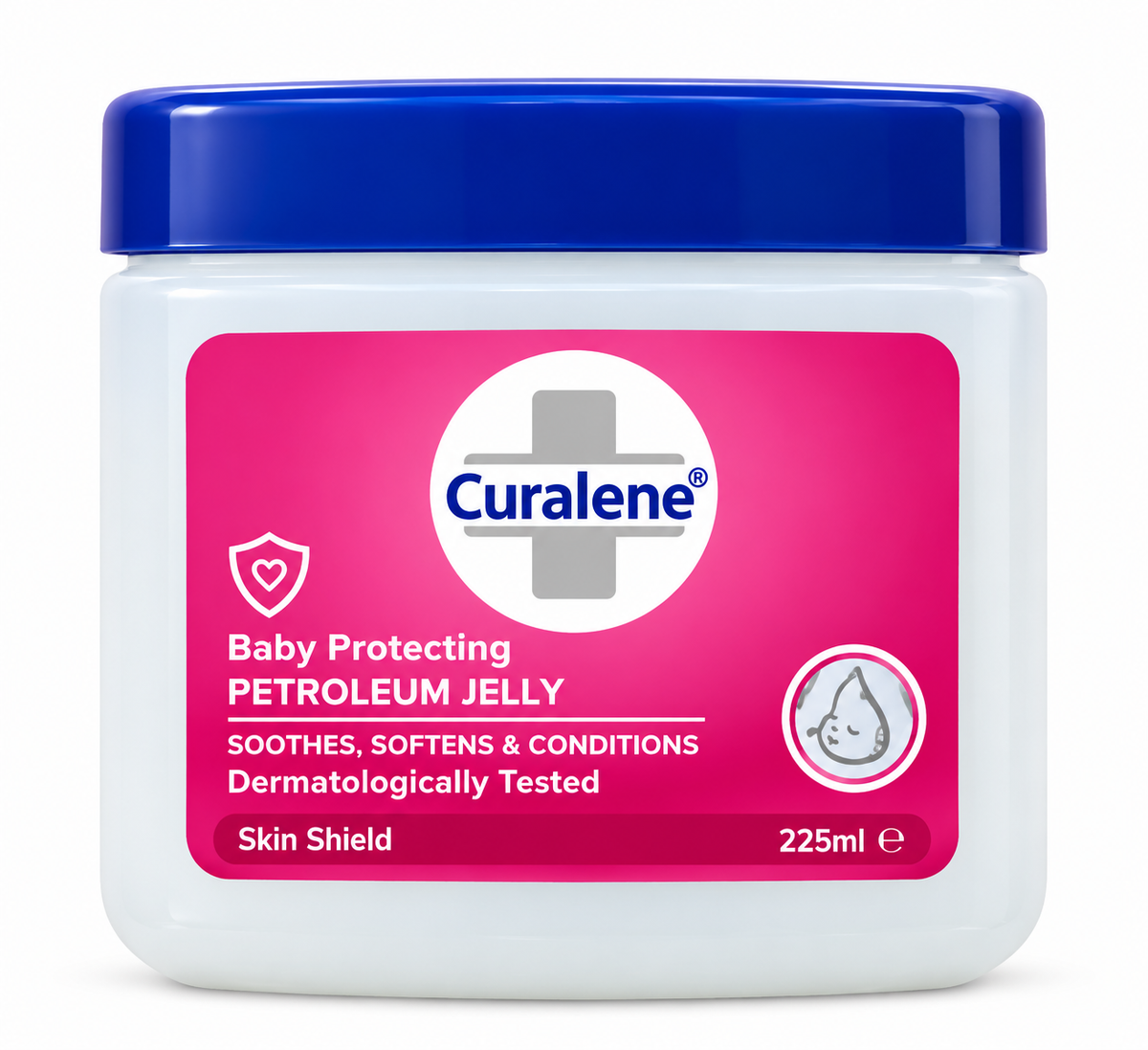 Curalene Baby Protecting Petroleum Jelly 225ml jar with a blue lid and pink label, featuring a soothing and moisturising formula for delicate baby skin, displayed on a clean white background.
