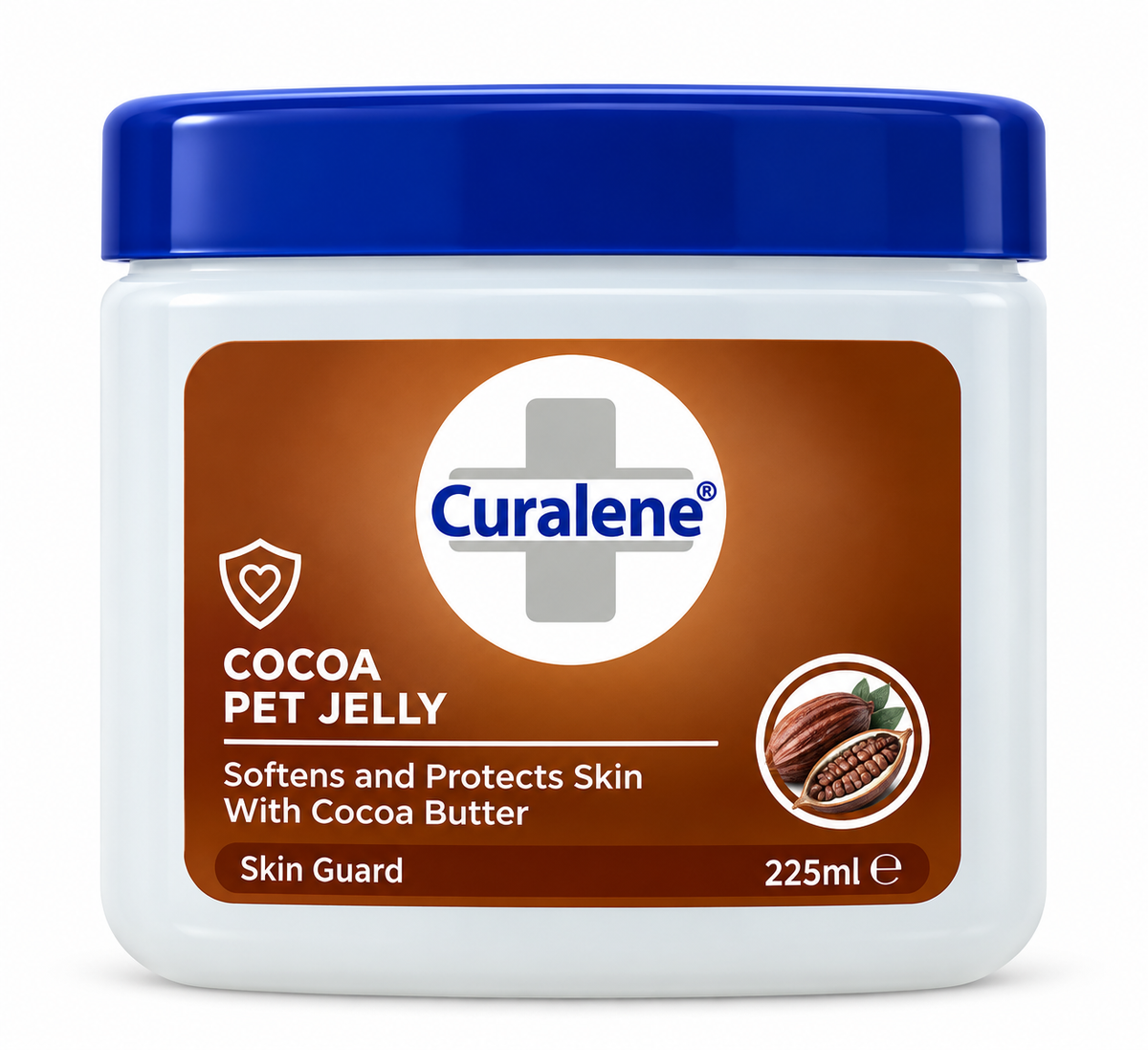 Curalene Cocoa Pet Jelly 225ml jar with a dark blue lid and brown cocoa butter label, featuring cocoa pod illustrations and skin-softening moisturising care, displayed on a clean white background.