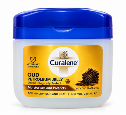 Curalene Oud Petroleum Jelly 225ml for pets, veterinary-approved moisturising skin and coat protection with oud fragrance.
