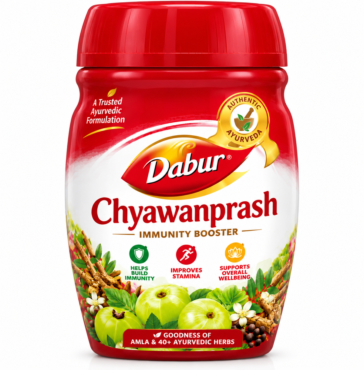 Dabur Chyawanprash 500g jar with a red lid, Ayurvedic branding, amla fruit and herbal illustrations, designed for everyday use.