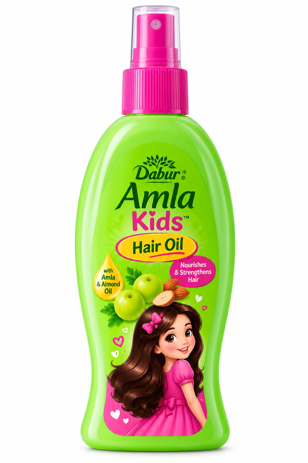 Dabur Amla Kids Hair Oil 200ml in a lime-green bottle with a pink spray pump, featuring amla fruits, almonds and a cartoon girl on the label.