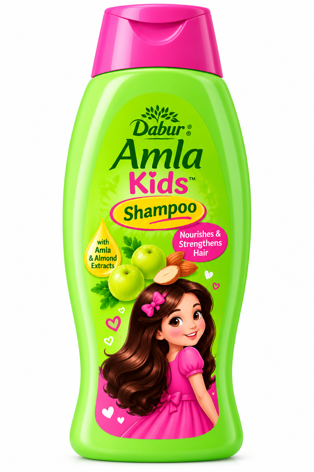 Dabur Amla Kids Shampoo 200ml in a bright green bottle with a pink cap, featuring amla fruits, almonds and a cartoon girl in a pink dress.
