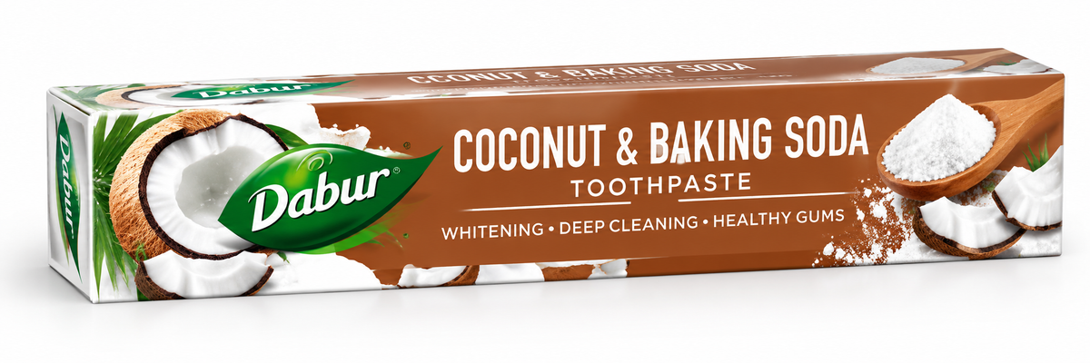 Dabur Coconut and Baking Soda Toothpaste 135g in brown and white packaging, featuring coconut halves, coconut pieces and baking soda powder.