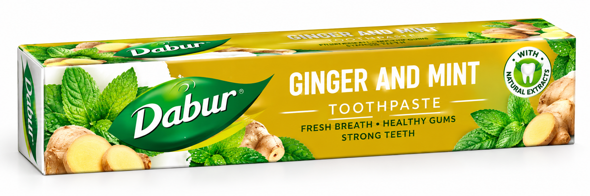 Dabur Ginger and Mint Toothpaste 135g in yellow and green packaging, featuring fresh mint leaves, ginger roots and slices.