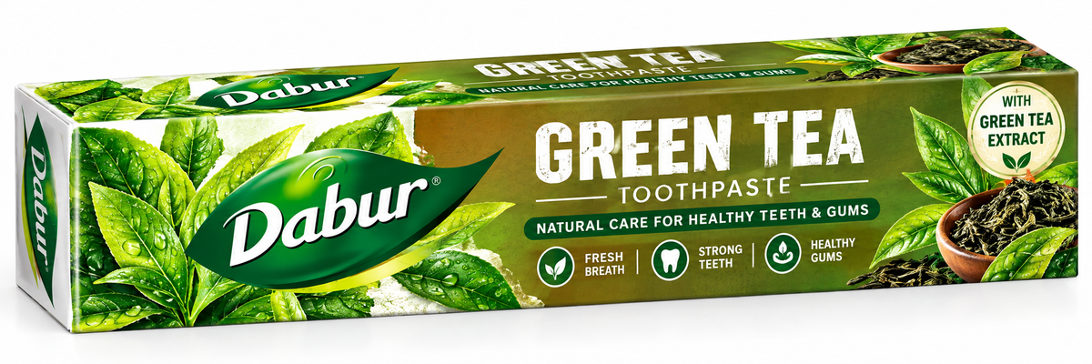 Dabur Green Tea Toothpaste 100g in green packaging, featuring fresh green tea leaves and natural oral care benefits for strong teeth, healthy gums and fresh breath.