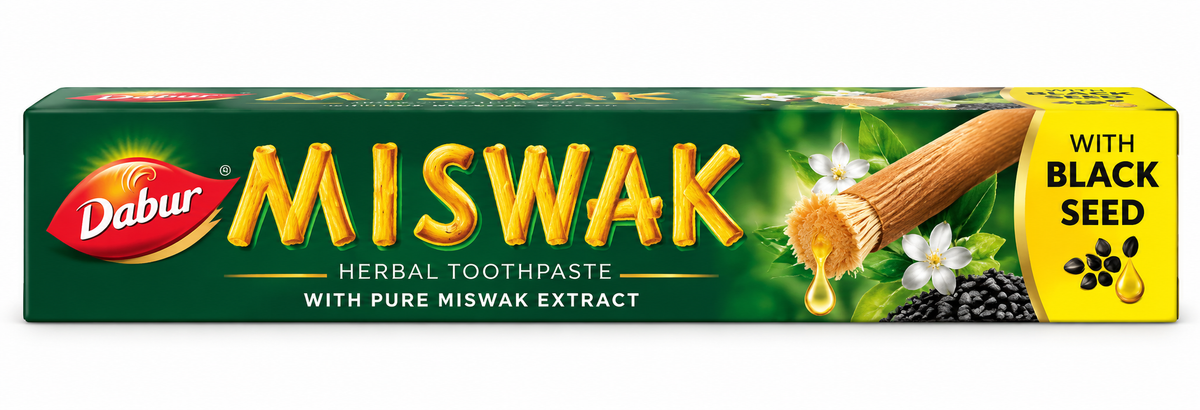 Dabur Miswak Blackseed Toothpaste in dark green and yellow packaging, featuring golden Miswak lettering, natural miswak sticks, green leaves and black seed illustrations.