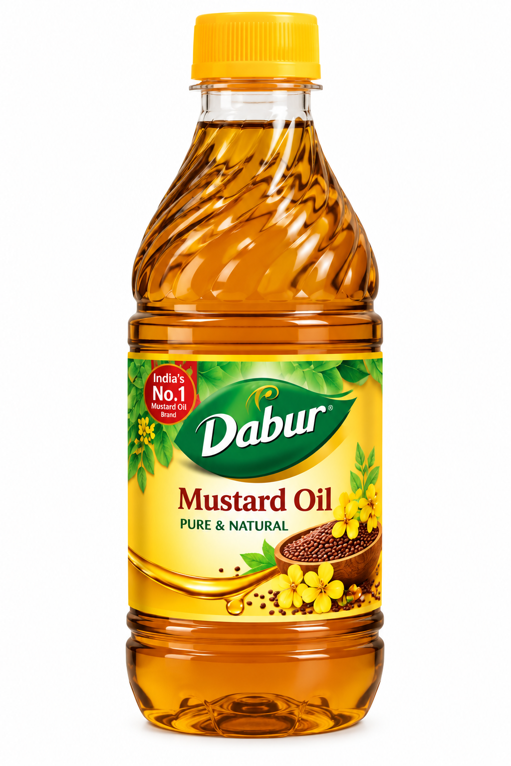 Dabur Mustard Oil 475ml in a transparent bottle with golden-amber oil and a yellow cap, featuring a yellow and green label with mustard seeds, yellow flowers and leaves.