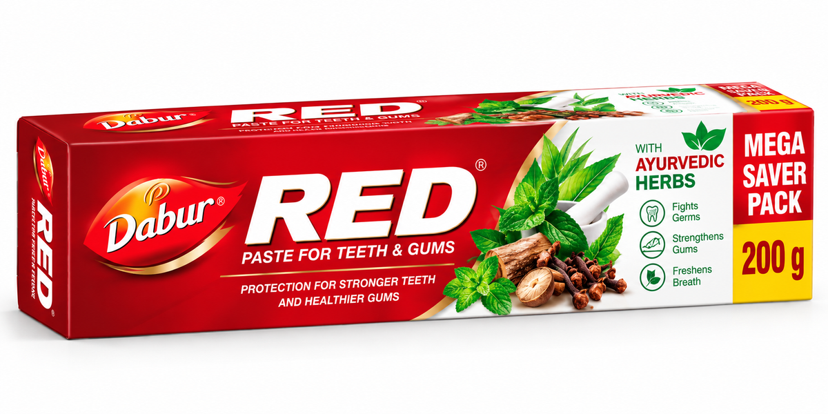 Dabur Red Toothpaste 200ml in a red and white carton with gold accents, Ayurvedic herb illustrations and benefits for stronger teeth and healthier gums.