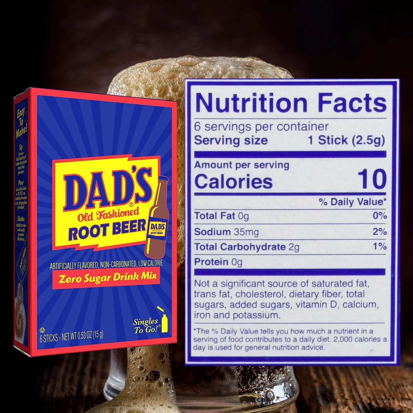 Dad's Old Fashioned Root Beer Zero Sugar Singles To Go drink mix, 0.53 oz (15 g) single-serve packet.