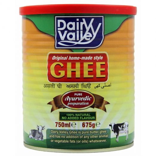 Dairy Valley Ghee 675g metal tin with branded label displaying traditional clarified butter for Indian cooking.