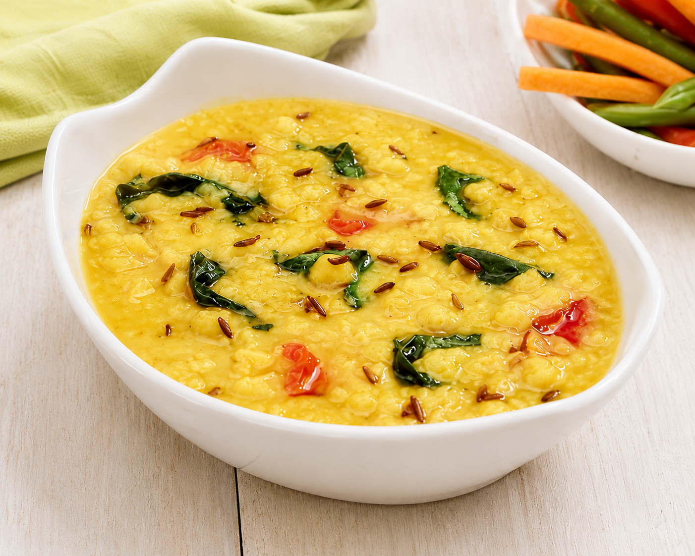 A white oval bowl filled with a yellow lentil soup or dal, garnished with dark green spinach leaves, red tomato pieces, and brown cumin seeds, set on a light wood surface with a green napkin and a side bowl of vegetables in the background.