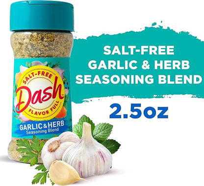 Dash Salt‑Free Garlic & Herb Seasoning Blend — multipack of 8 jars (68 g each), garlic and herb flavor, no added salt.
