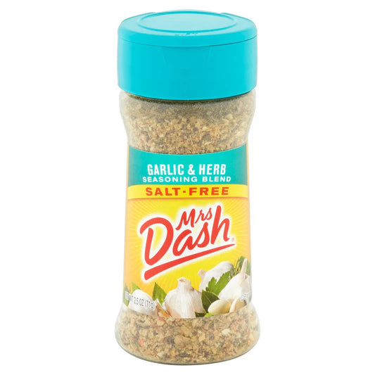 Dash Salt‑Free Garlic & Herb Seasoning Blend — multipack of 8 jars (68 g each), garlic and herb flavor, no added salt.
