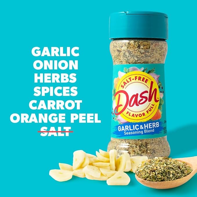 Dash Salt‑Free Garlic & Herb Seasoning Blend — multipack of 8 jars (68 g each), garlic and herb flavor, no added salt.