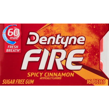 Dentyne Fire Cinnamon Gum pack with bold red packaging on a white background.