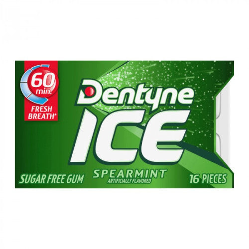 Dentyne Ice Spearmint gum, 16-piece pocket pack, refreshing spearmint taste.