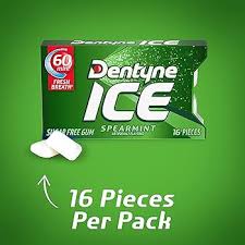 Pack of Dentyne Ice Spearmint sugar-free chewing gum with icy mint flavor.
