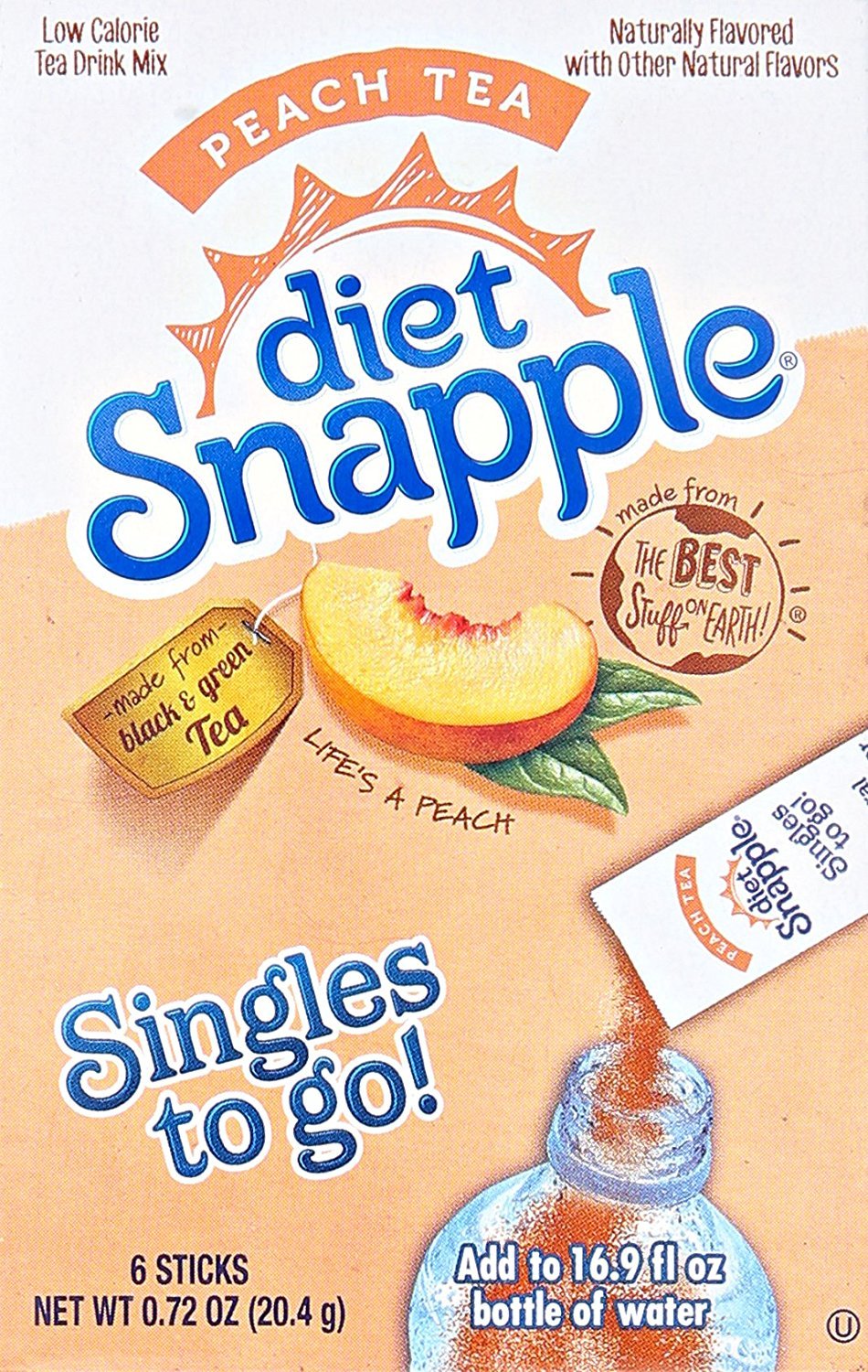Diet Snapple Singles To Go Peach Tea Drink Mix – 0.72oz (20.4g) Single-Serve Packets