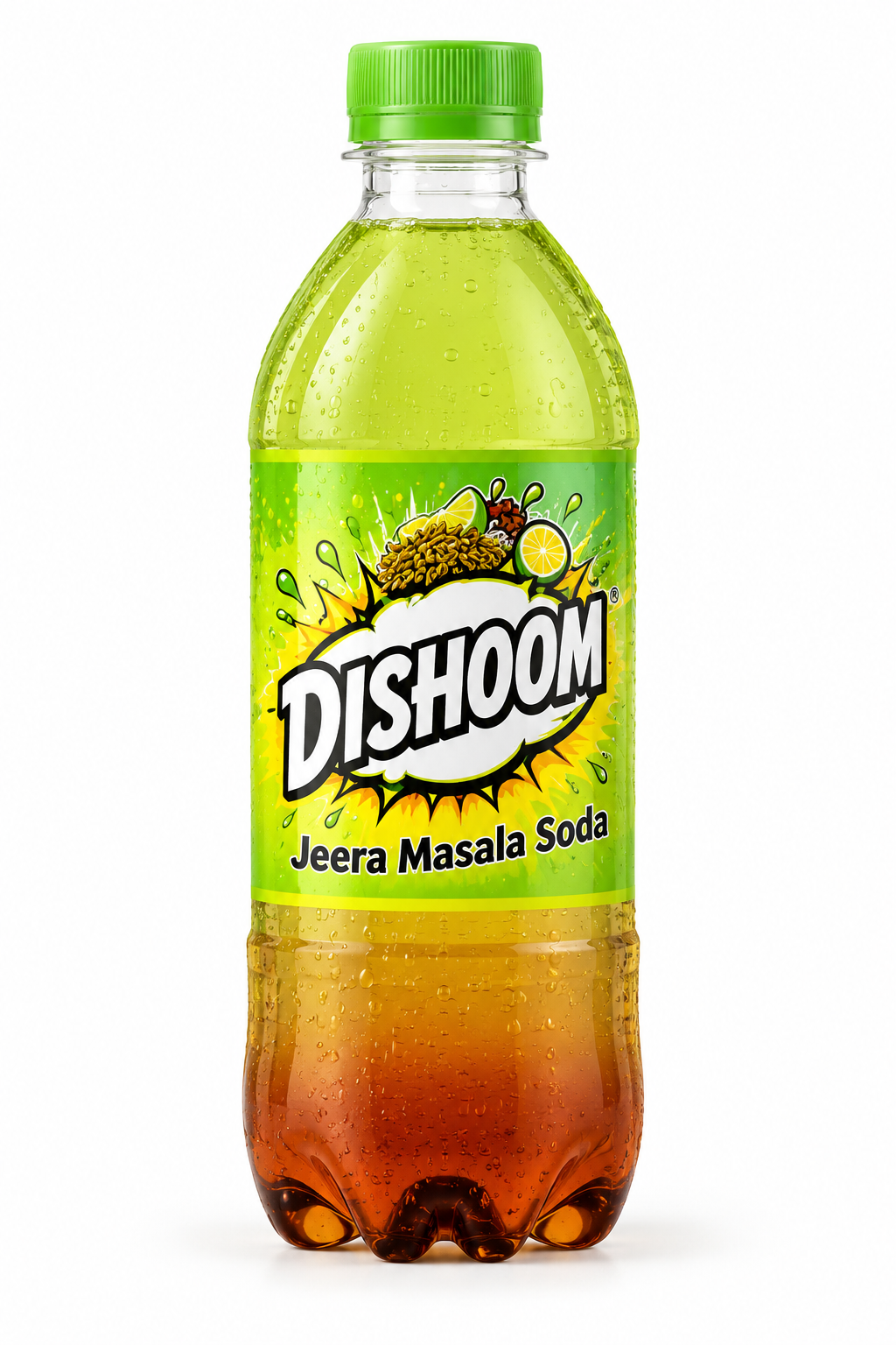 Dishoom Jeera Masala Soda 250ml in a clear plastic bottle with a green cap, vibrant green and yellow label, bold Dishoom branding and cumin seed illustrations.