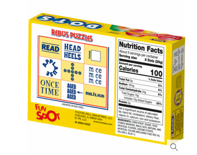 Yellow theatre-style box of Tootsie DOTS Original chewy fruit gummies