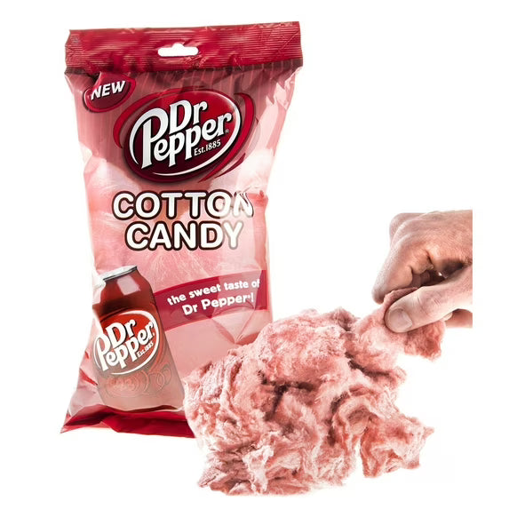 Dr Pepper Cotton Candy 88 g open pack showing fluffy pink cotton candy