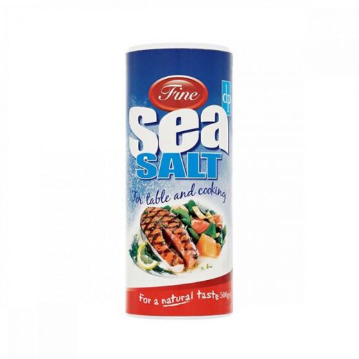Dri-Pak Fine Sea Salt 350g cylindrical container with blue and white label, displaying “Fine Sea Salt” text and suitable for everyday cooking and seasoning.