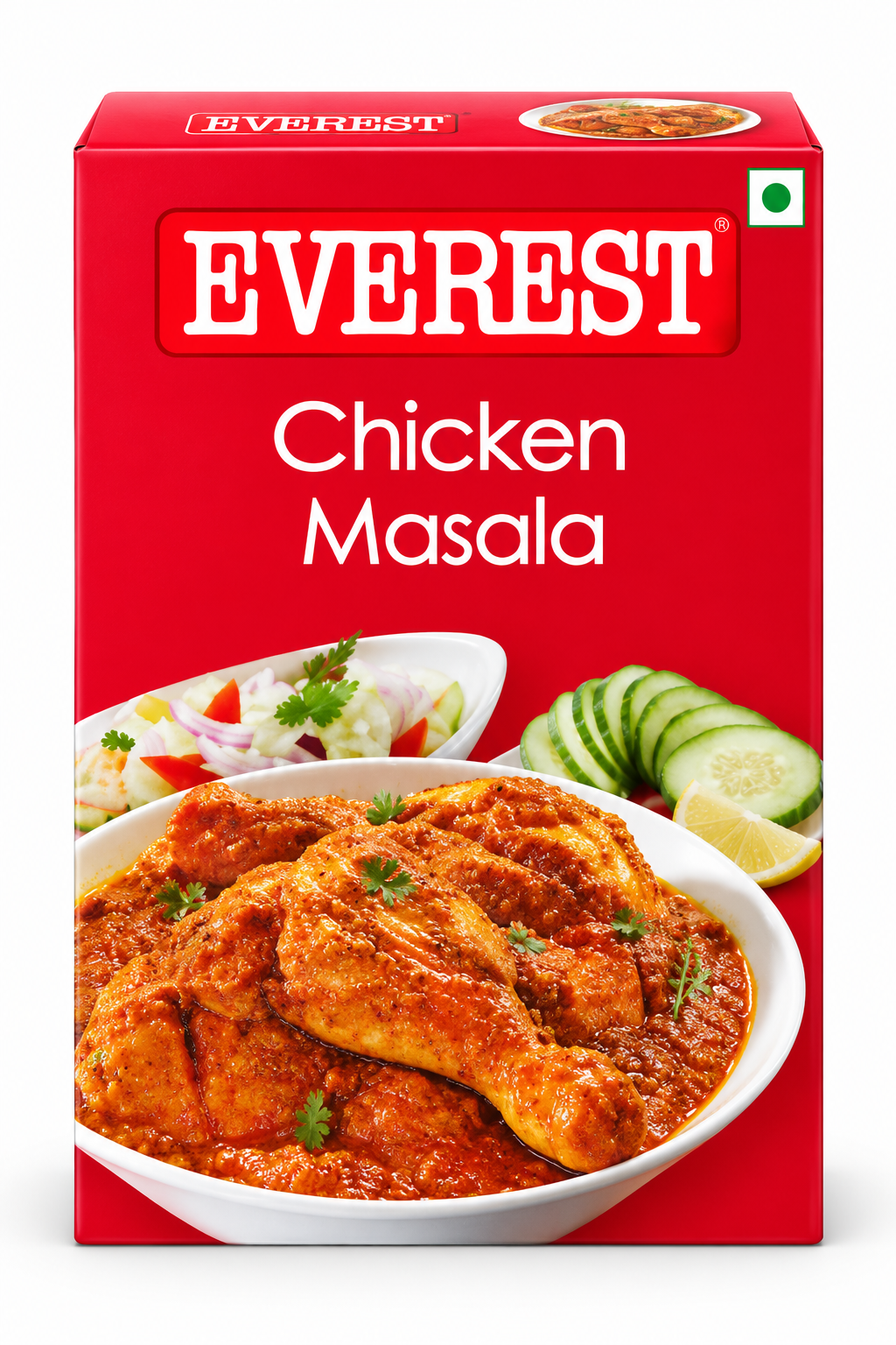 Everest Chicken Masala spice mix in a bright red retail box featuring the Everest brand logo and an image of prepared chicken curry, designed for seasoning and preparing flavorful Indian chicken masala dishes.