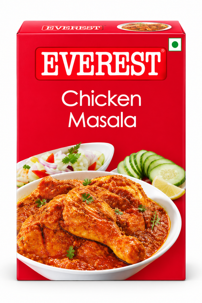 Everest Chicken Masala spice mix in a bright red retail box featuring the Everest brand logo and an image of prepared chicken curry, designed for seasoning and preparing flavorful Indian chicken masala dishes.