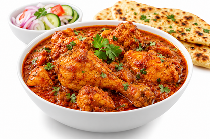 Everest Chicken Masala spice mix served with a bowl of rich, red chicken curry garnished with fresh coriander, accompanied by naan bread and fresh salad, showcasing an Indian-style chicken masala dish seasoned with aromatic spices.
