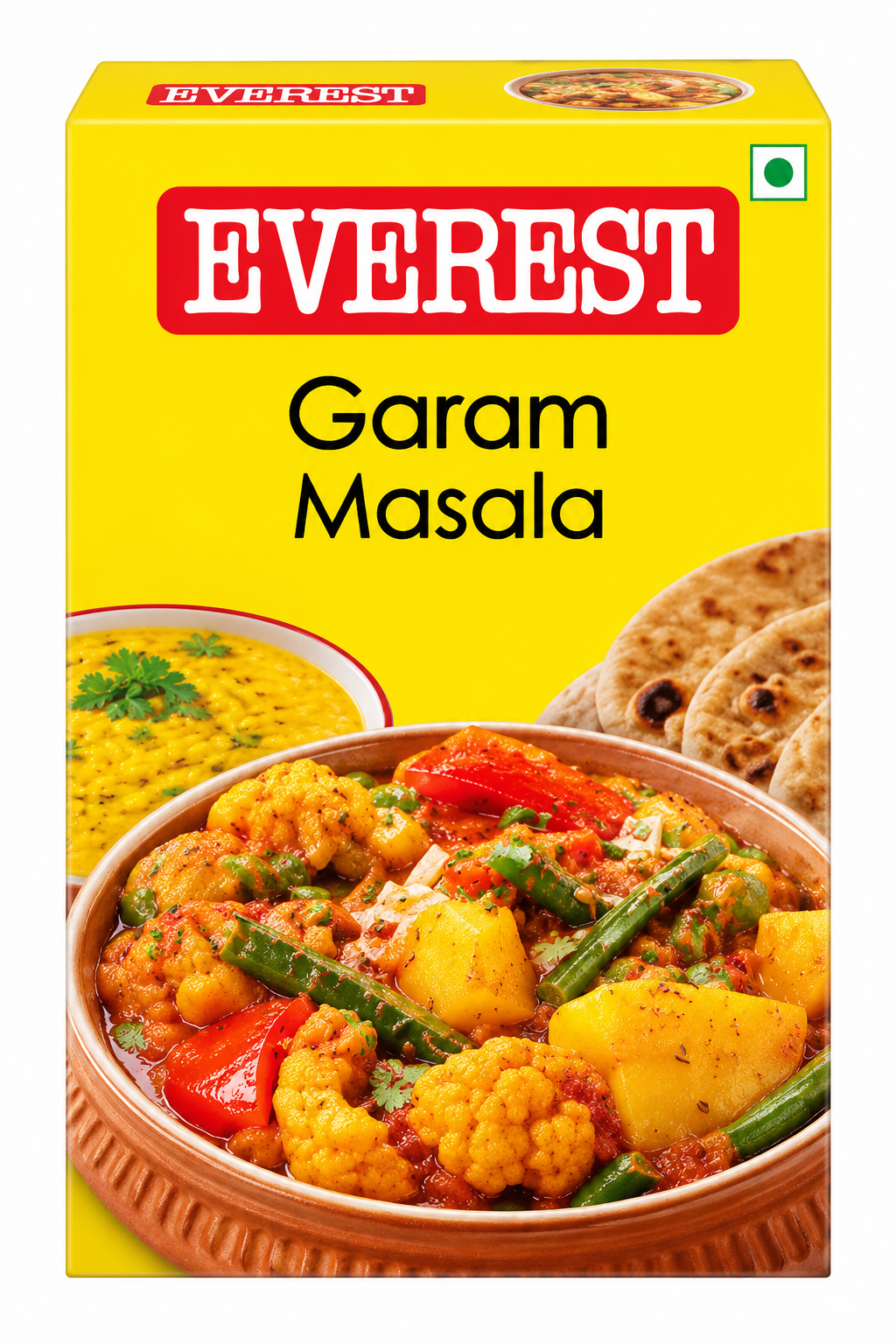 Everest Garam Masala spice mix in a bright yellow retail box featuring the red Everest brand logo, the product name “Garam Masala” in bold black lettering, and images of prepared Indian curry, dal, and flatbread. This packaged Indian spice blend is suitable for adding rich aroma and flavor to a variety of traditional dishes.