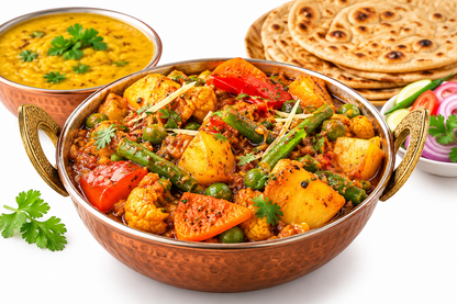 Indian mixed vegetable curry seasoned with garam masala, featuring potatoes, cauliflower, green beans, peas, and red bell peppers garnished with fresh coriander in a traditional serving bowl. The meal is accompanied by yellow dal, Indian flatbreads, and fresh salad, illustrating how Everest Garam Masala can be used to add warmth and aromatic spice to homemade Indian meals.