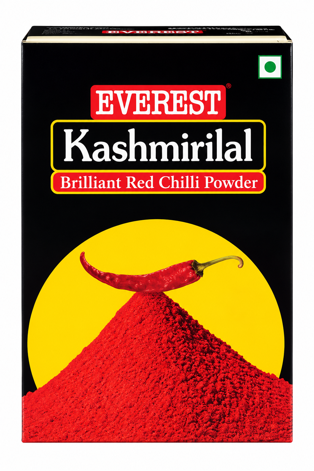 Everest Kashmirilal Brilliant Red Chilli Powder in a black retail box with the Everest logo, bold Kashmirilal branding, a red chilli illustration, and bright red chilli powder against a yellow background. This packaged Indian chilli powder is designed for adding vibrant red color and spicy flavor to a variety of traditional Indian recipes.