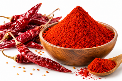 Bright red Kashmiri chilli powder displayed in a wooden bowl with whole dried red chillies and a wooden spoon filled with finely ground spice on a clean white background. This vibrant spice image represents the rich red color and traditional use of chilli powder in Indian cooking, including curries, gravies, marinades, and other savory dishes.