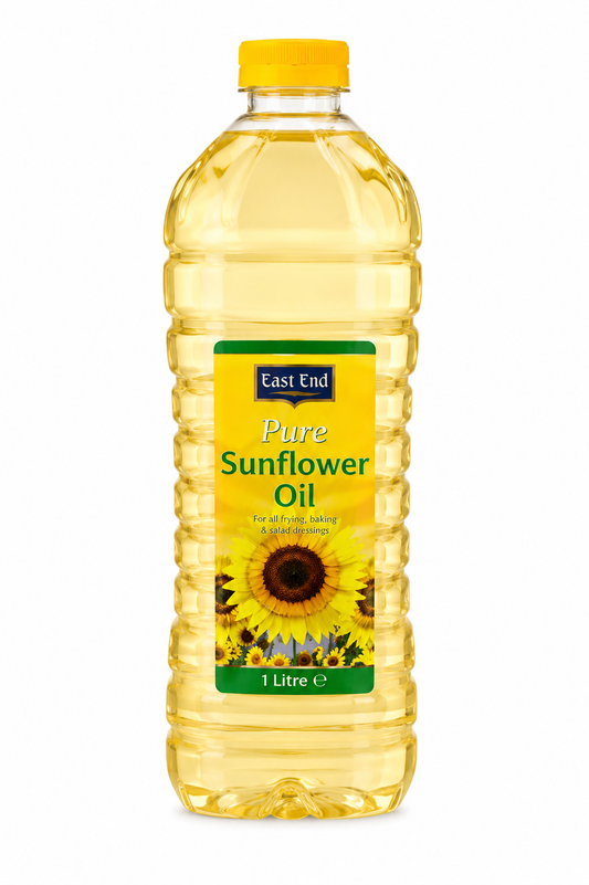 A 1 litre plastic bottle of East End Pure Sunflower Oil with a yellow cap and a yellow label featuring a sunflower illustration, set against a plain white background.
