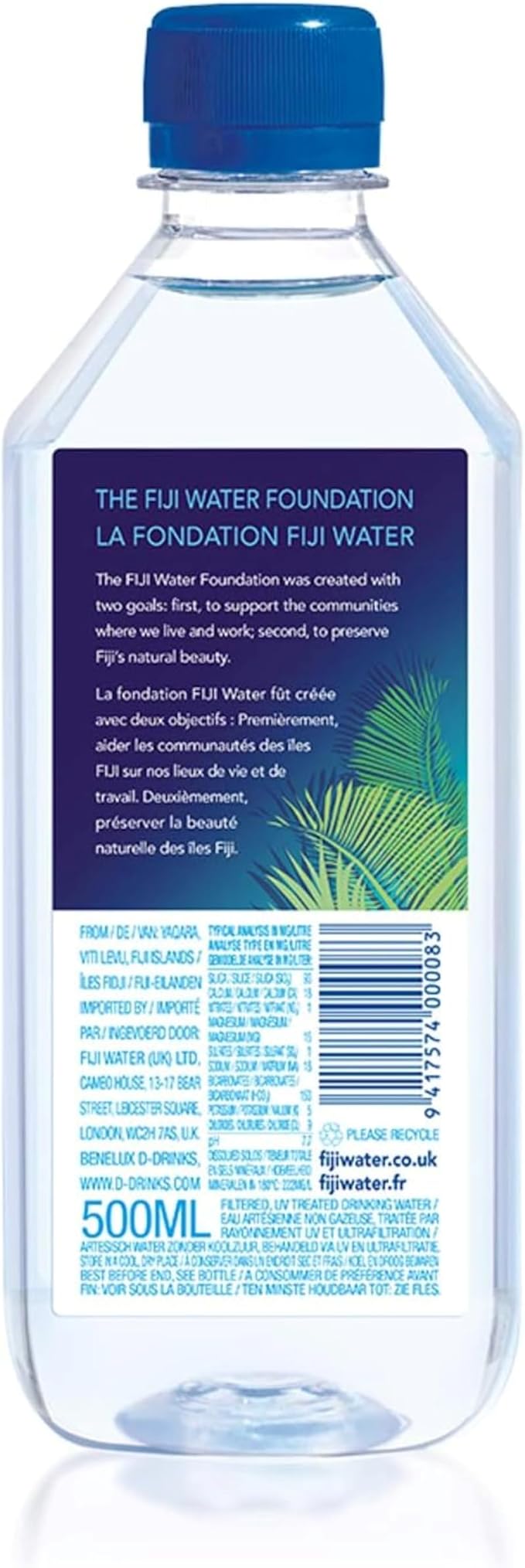 Close-up of FIJI Water 500 ml bottle on a white background, featuring the signature tropical label and square design.
