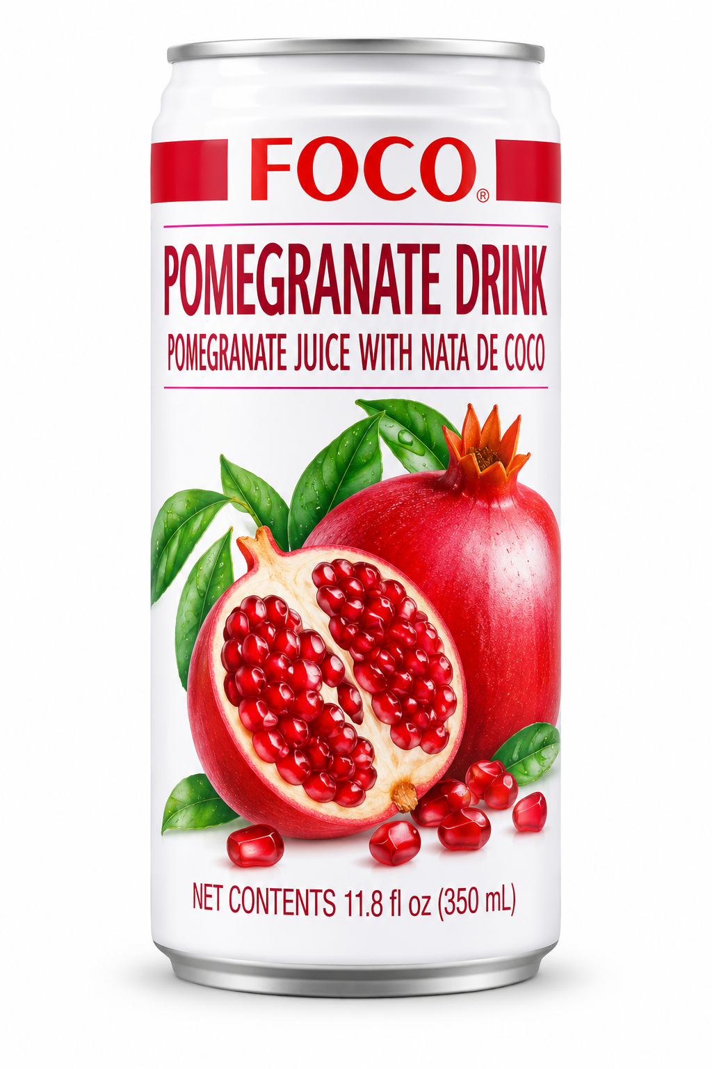 FOCO Pomegranate Juice Drink 350ml can featuring white packaging, red FOCO branding, fresh whole and sliced pomegranates, ruby-red pomegranate seeds, and green leaves.