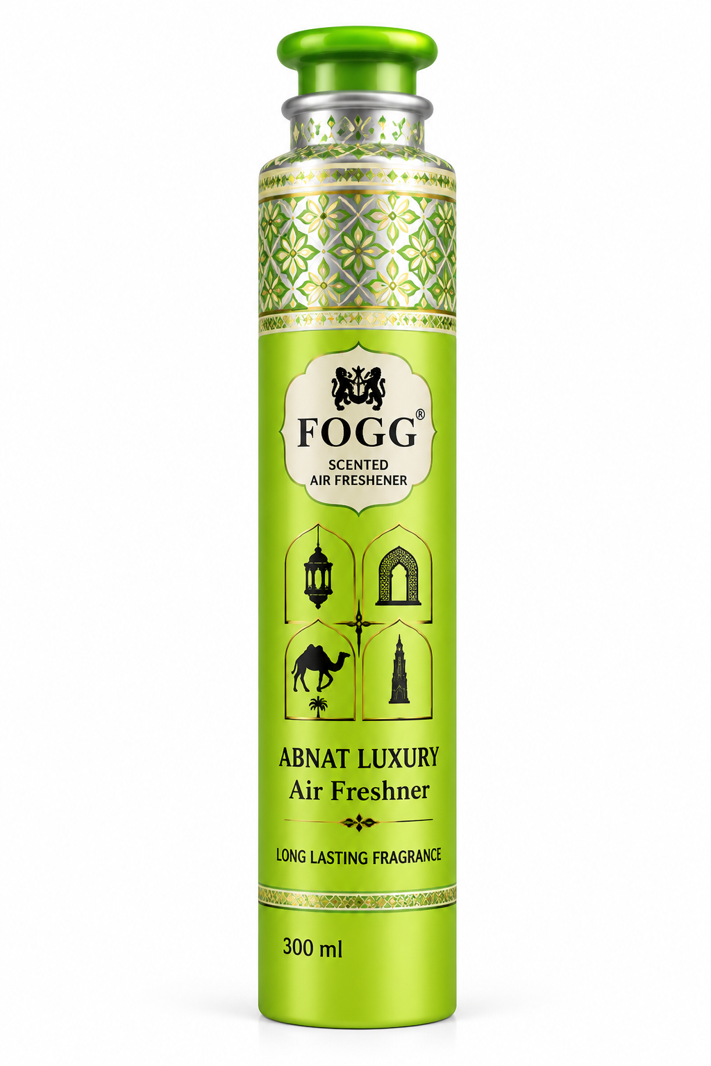 FOGG Abnat Luxury air freshener 300ml in a green and gold decorative can displayed against a clean white background.
