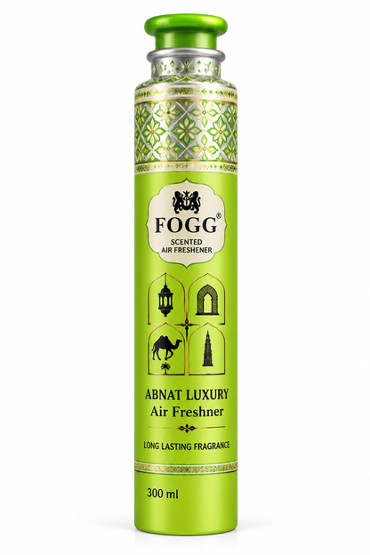 FOGG Abnat Luxury air freshener 300ml in a green and gold decorative can displayed against a clean white background.