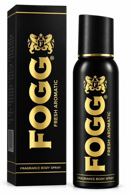 FOGG Fresh Aromatic Fragrance Body Spray 120ml black aerosol can with gold branding and matching black-and-gold packaging box, displayed on a clean white background.
