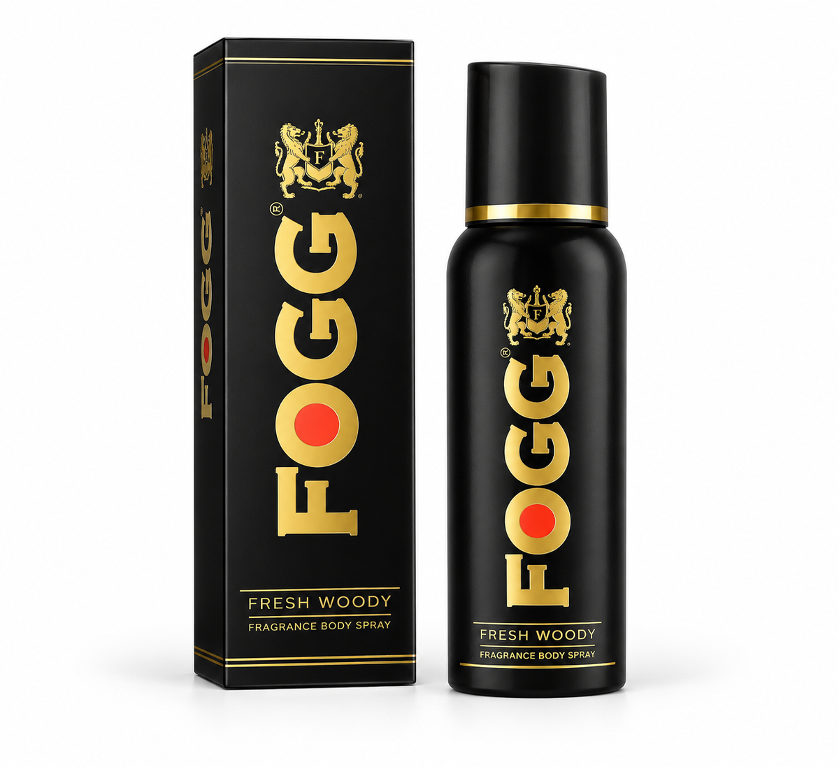 FOGG Fresh Woody body spray 120ml with black and gold packaging and matching box on a white background.