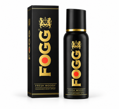 FOGG Fresh Woody body spray 120ml with black and gold packaging and matching box on a white background.