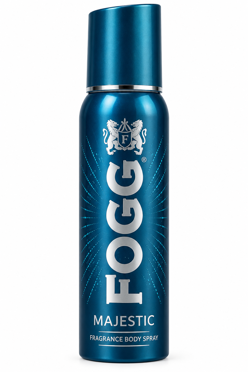 FOGG Majestic Fragrance Body Spray in a metallic blue aerosol can with silver lettering and a matching blue cap on a white background.