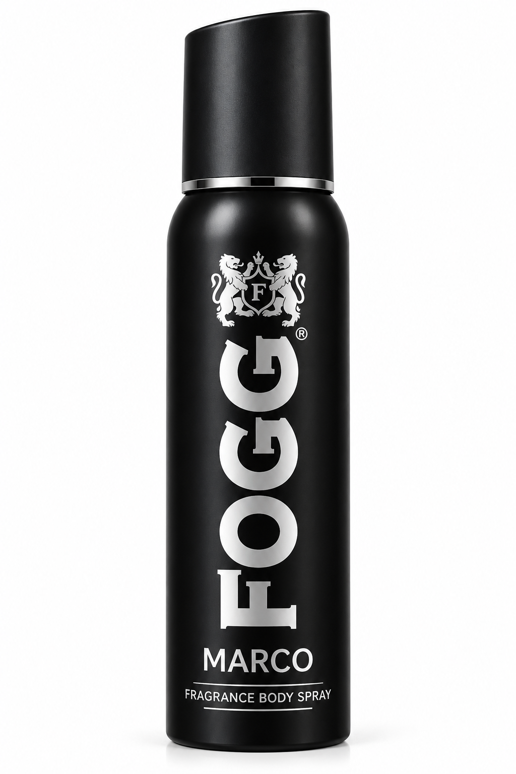 FOGG Marco Fragrance Body Spray 120ml in a matte black aerosol can with silver branding and a matching cap, displayed upright on a clean white background.