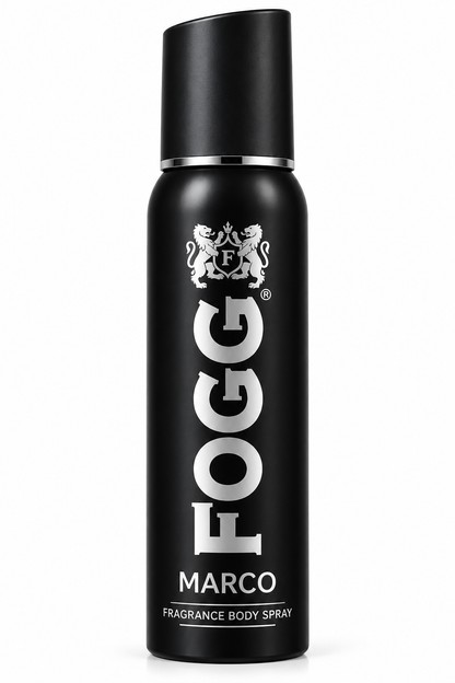 FOGG Marco Fragrance Body Spray 120ml in a matte black aerosol can with silver branding and a matching cap, displayed upright on a clean white background.