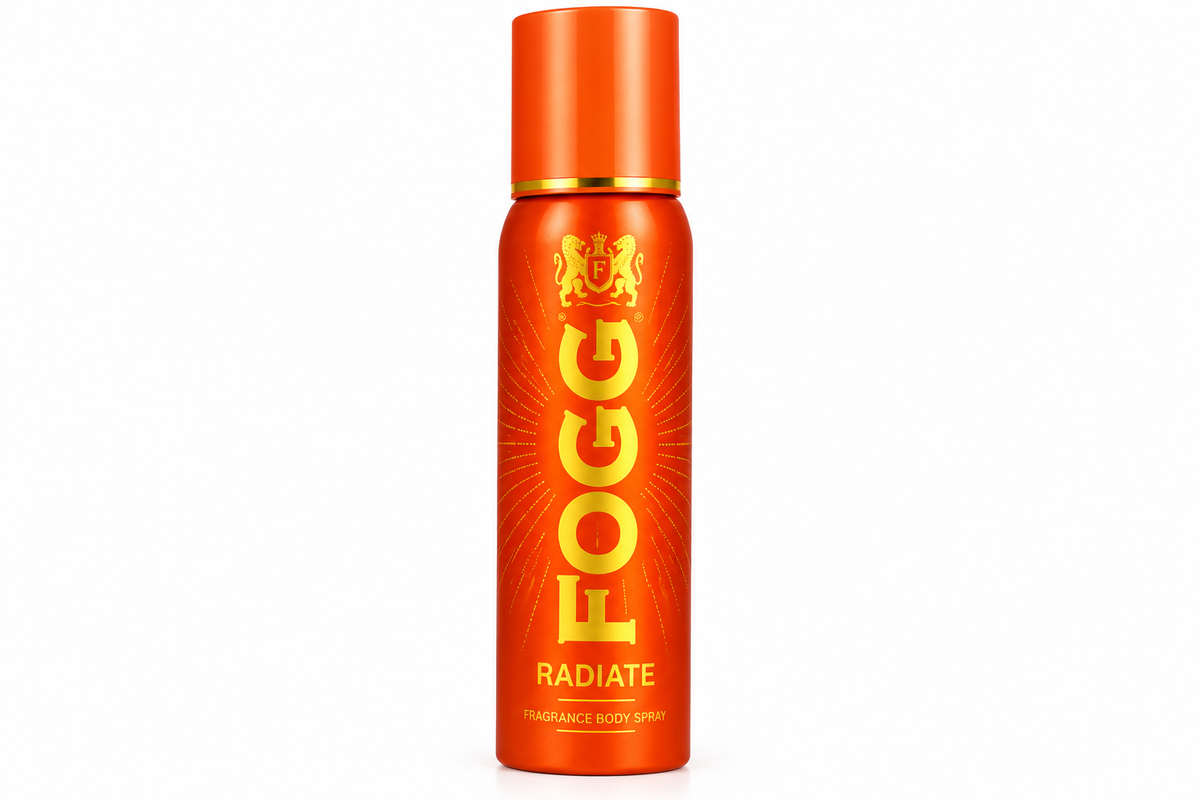 FOGG Radiate Fragrance Body Spray 120ml orange aerosol can with a matching cap, gold FOGG branding and Radiate label, displayed upright on a clean white background.