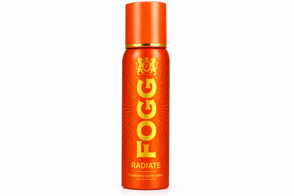 FOGG Radiate Fragrance Body Spray 120ml orange aerosol can with a matching cap, gold FOGG branding and Radiate label, displayed upright on a clean white background.