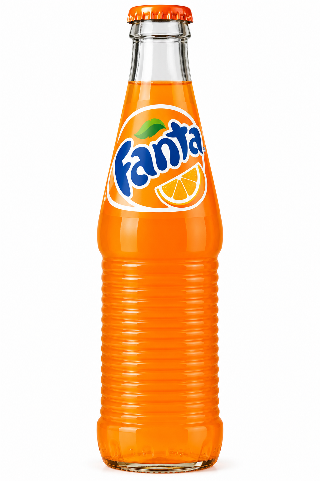 Fanta Orange 200ml glass bottle filled with bright orange fizzy drink, featuring an orange crown cap and a colourful Fanta label with an orange slice and green leaf.