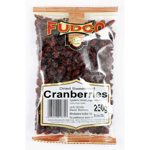 Pack of Fudco Cranberries 250g showing bright red premium dried cranberries ideal for snacking, baking, and adding to cereals or salads.