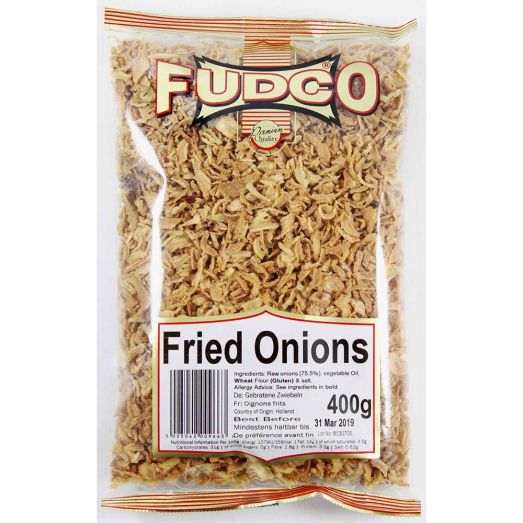 Front view of Fudco Fried Onions 400g pack displaying golden crispy onions ready to use for biryani and salad topping.