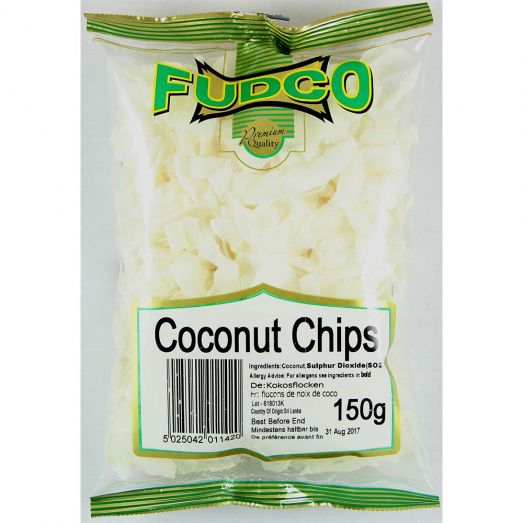 Fudco Coconut Chips 150g pack showing toasted coconut flakes made from mature coconuts, ideal for snacking, baking, smoothie bowls, and Asian cooking recipes.